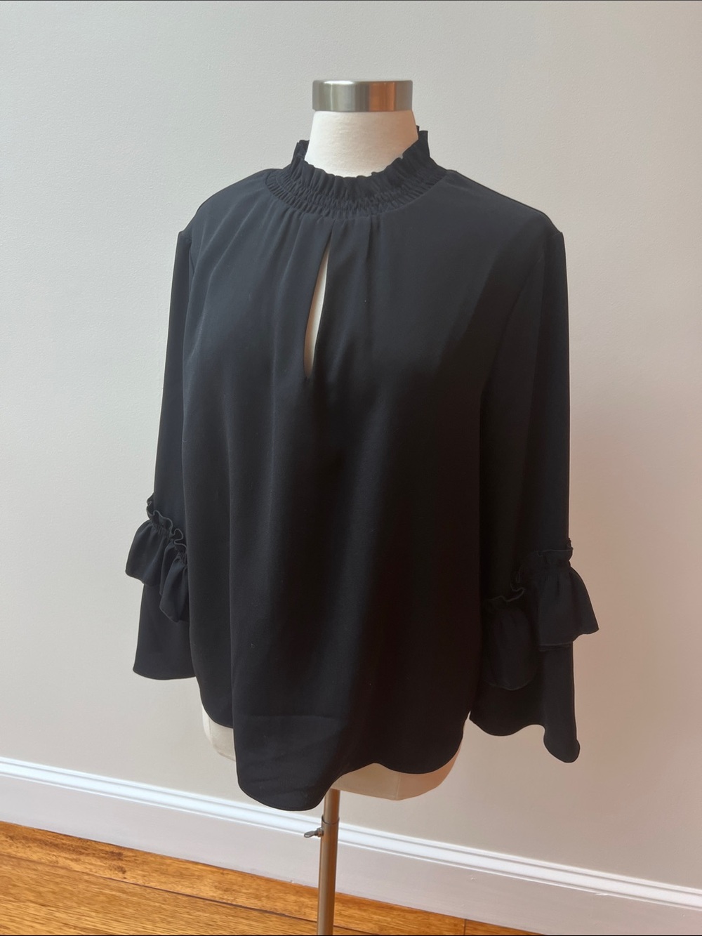 Drew Black Ruffle-Neck Keyhole Blouse - Women Tops